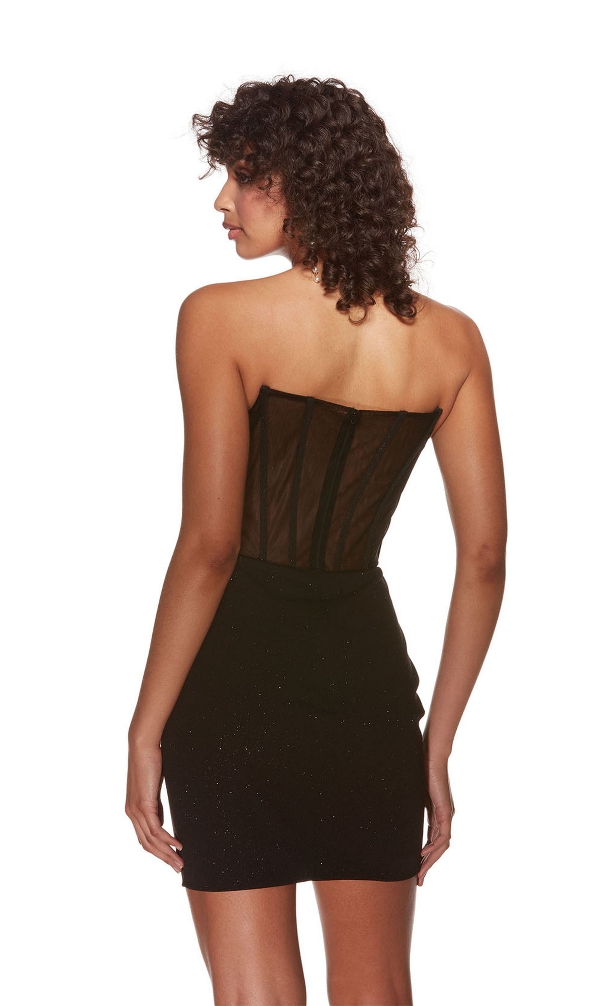 A woman with curly hair faces away from the camera against a white background, wearing an Alyce Off-Shoulder Short Glitter Hoco Dress 4819.